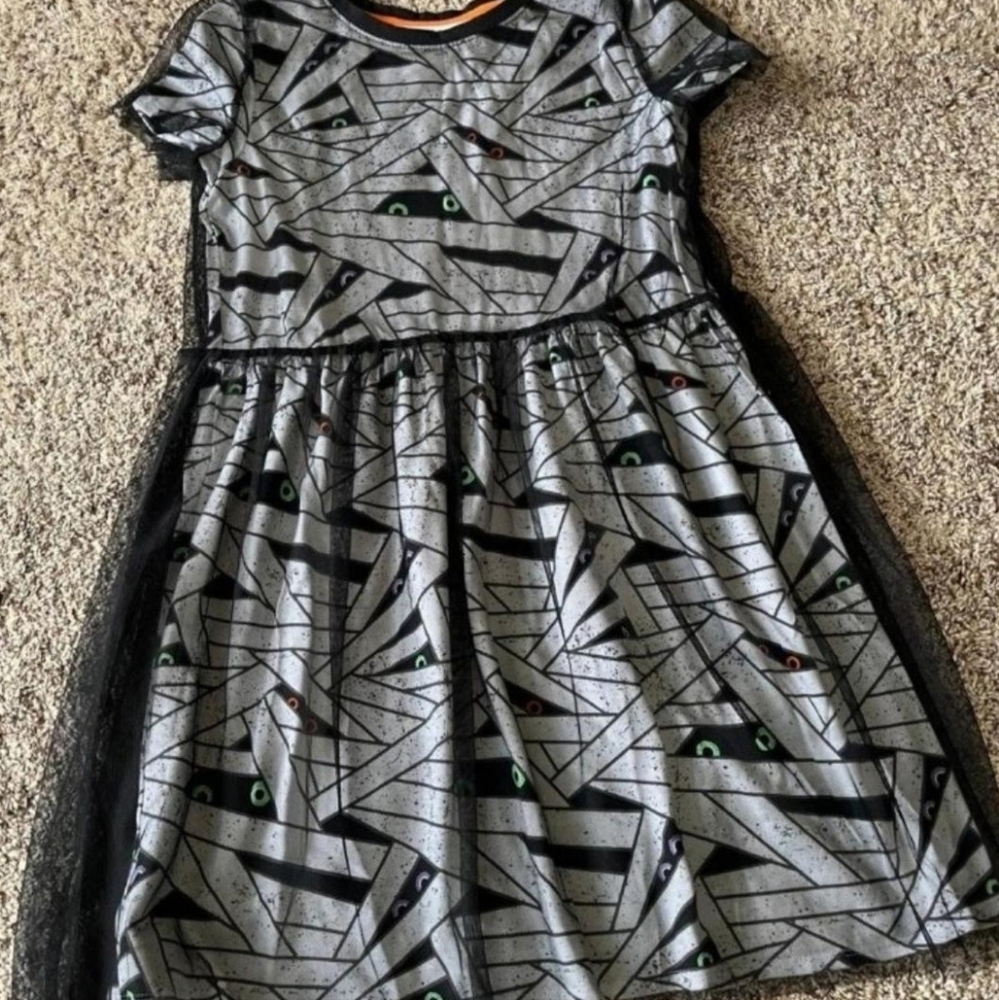 Gray Mummy Print Dress with Black Accents